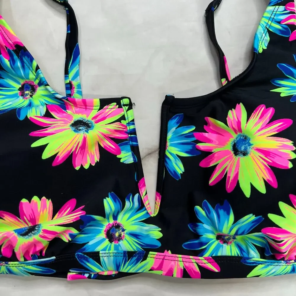 California Waves Plus Gerber Daisy Bikini Top Black Neon Size 2 (20/22) New V